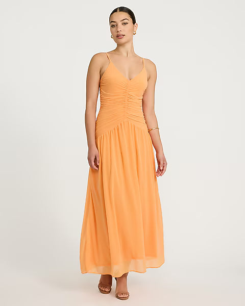 V-Neck Ruched Drop Waist Knit Maxi Dress with Pockets