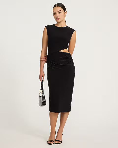 Crew Neck Cap Sleeve Ruched Cutout Midi Sheath Dress