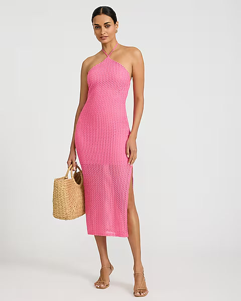 Open Stitch Crochet Halter Neck Midi Sheath Dress