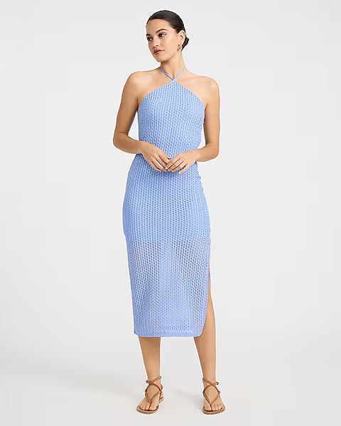 Open Stitch Crochet Halter Neck Midi Sheath Dress