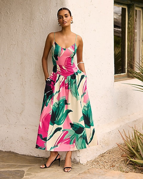 Poplin Printed V-Neck Drop Waist Maxi Fit and Flare Dress with Pockets