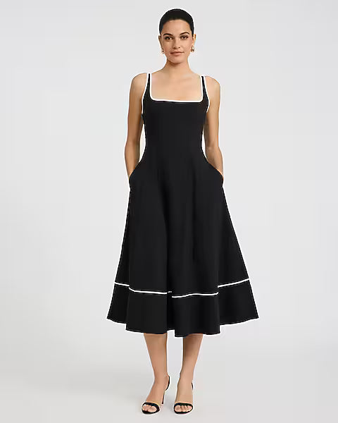 Stretch Cotton Poplin Piped Smocked Back Midi Dress with Pockets