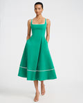 Stretch Cotton Poplin Piped Smocked Back Midi Dress with Pockets