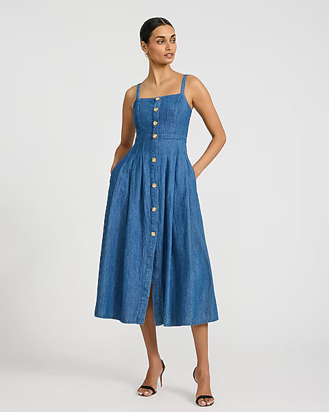 Denim Gold Button Front Midi Fit and Flare Dress with Pockets